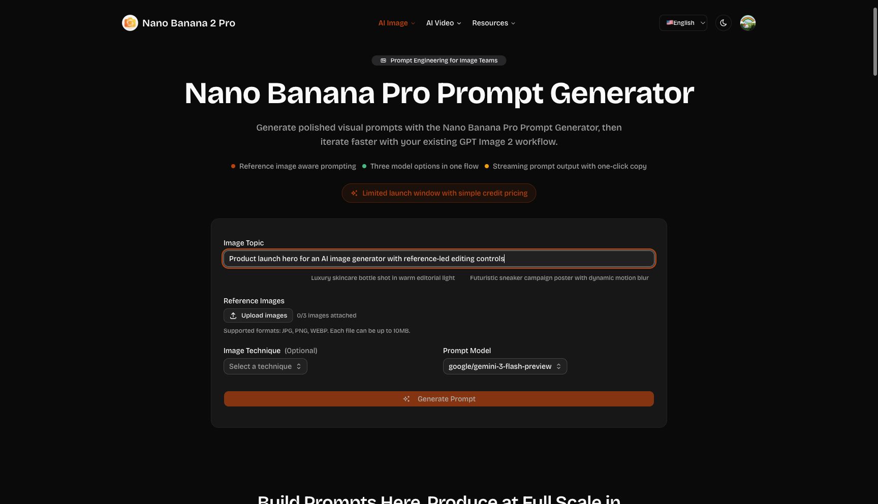 Prompt generator page with a prepared topic