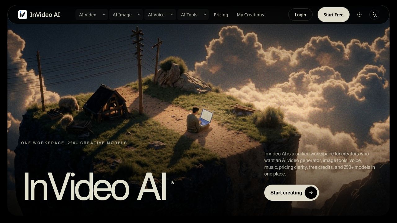 InVideo AIのホーム画面と250以上のクリエイティブモデル