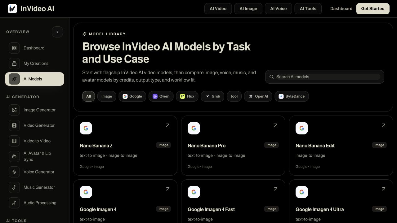 用途とプロバイダーで探せるInVideo AIのモデル一覧